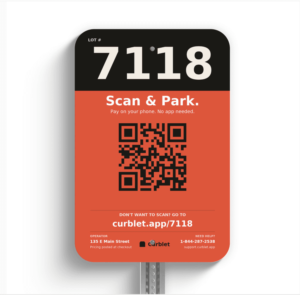A Curblet parking sign with a lot number and a QR code that says Scan & Park.