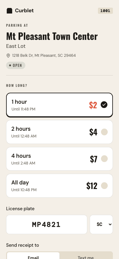 The Curblet parking page showing duration options and a license-plate field.
