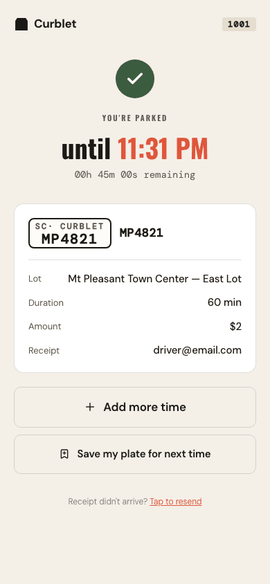 The Curblet confirmation screen showing You're parked with a countdown and receipt.